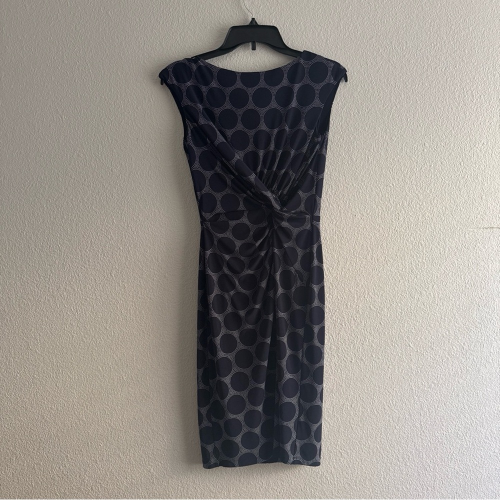Ralph Lauren Sleeveless Side Gather Knot Twist Lined Knit Dress Circle Dot Navy